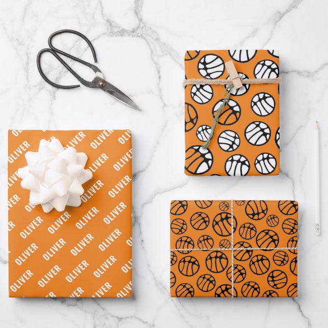 Basketball Ball Pattern Orange Name  Wrapping Paper Sheet (Front)