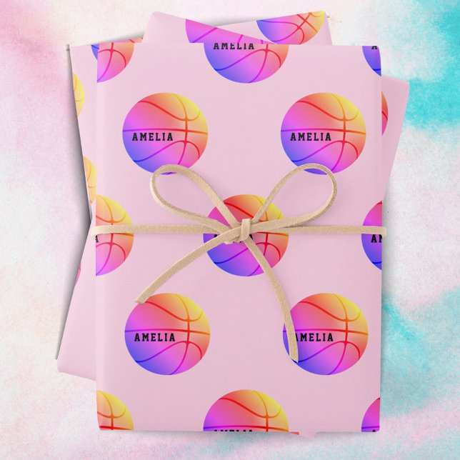 Basketball Ball Pattern Pink Kids Name Sports Wrapping Paper Sheet (Creator Uploaded)