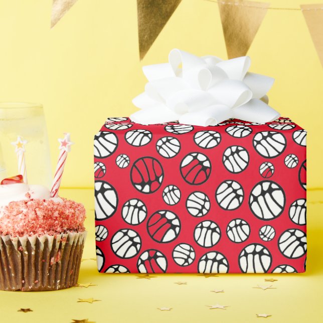 Basketball Ball Pattern Red Name Wrapping Paper (Birthday Party)