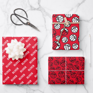 Basketball Ball Pattern Red Name Wrapping Paper Sheet