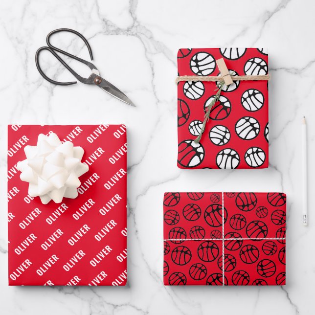 Basketball Ball Pattern Red Name  Wrapping Paper Sheet (Front)