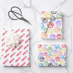 Basketball Ball Pattern Sport Colourful Name Wrapping Paper Sheet