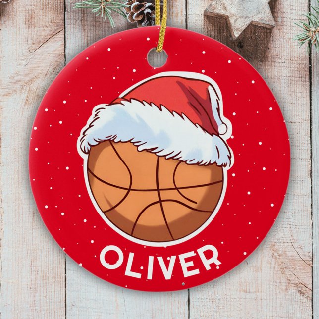 Basketball Ball Red Santa Hat Christmas Kid Name  Ceramic Tree Decoration (Creator Uploaded)