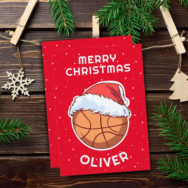 Basketball Ball Red Santa Hat Christmas Kid Name  Holiday Card (Creator Uploaded)