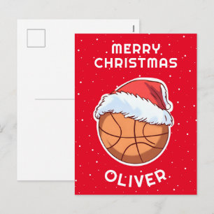 Basketball Ball Red Santa Hat Christmas Kid Name Holiday Postcard