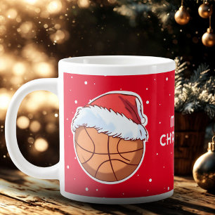 Basketball Ball Red Santa Hat Merry Christmas  Large Coffee Mug