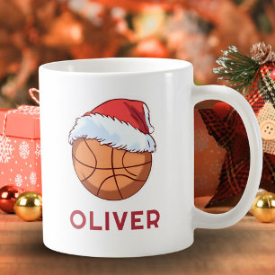 Basketball Ball Red Santa Hat Name Christmas  Coffee Mug