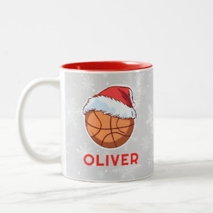 Basketball Ball Red Santa Hat Name Christmas  Two-Tone Coffee Mug