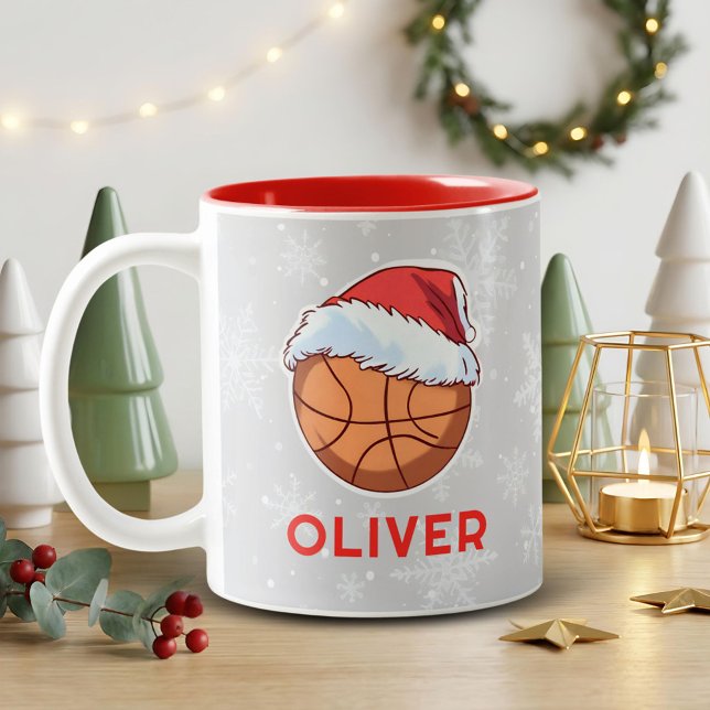 Basketball Ball Red Santa Hat Name Christmas  Two-Tone Coffee Mug (Creator Uploaded)
