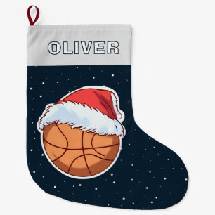 Basketball Ball Red Santa Hat Name Large Christmas Stocking