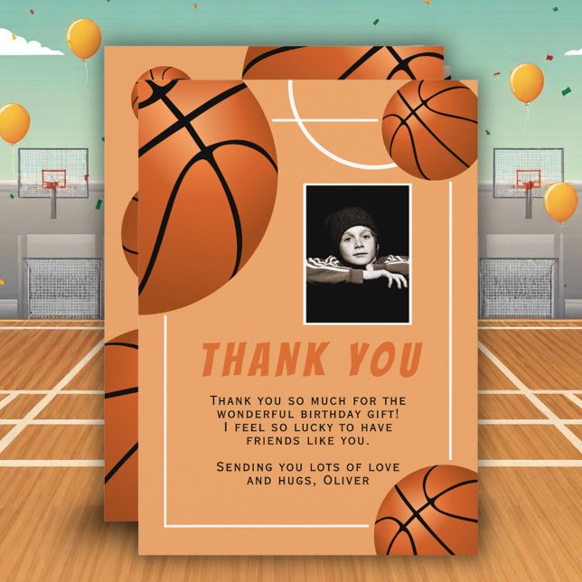 Basketball Ball Sports Birthday Photo Thank You Card (Creator Uploaded)