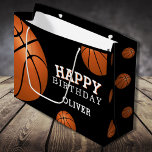 Basketball Ball Sports Happy Birthday Name Large Gift Bag<br><div class="desc">Basketball Ball Sports Happy Birthday Gift Bag with Name. Basketball balls with a Happy birthday wish on a black background. Personalise with your name and make a special personal gift bag for a boy or a girl who loves basketball.</div>