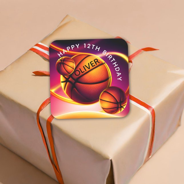 Basketball Ball Sports Happy Birthday Square Sticker (Creator Uploaded)