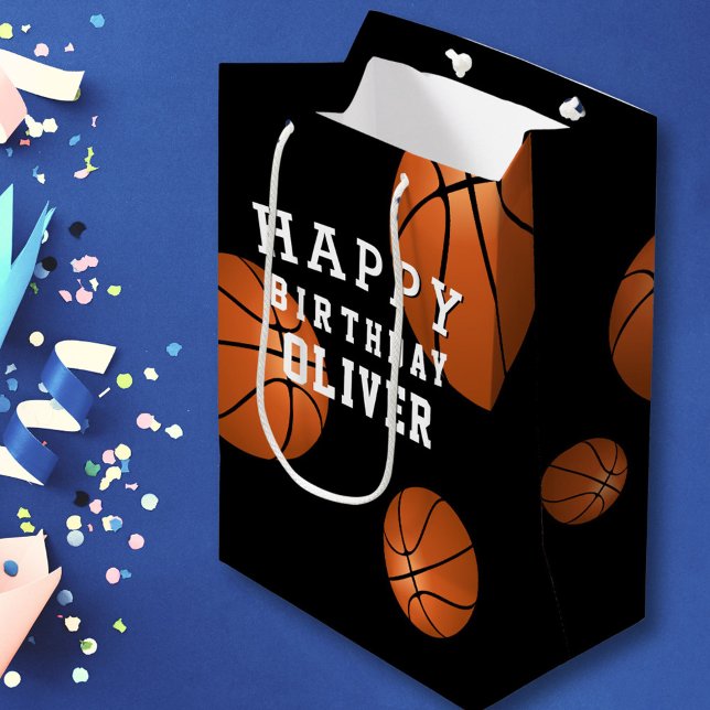 Basketball Ball Sports Kids Happy Birthday Black  Medium Gift Bag (Creator Uploaded)