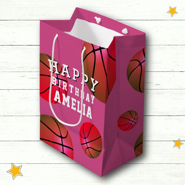 Basketball Ball Sports Kids Happy Birthday Pink Medium Gift Bag (Creator Uploaded)