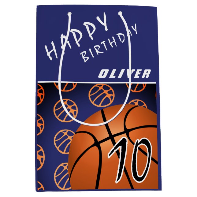 Basketball Ball Sports Modern Happy Birthday Kid Medium Gift Bag (Front)