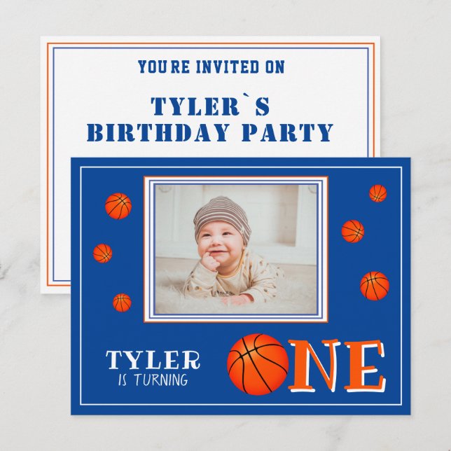 Basketball Ball Sports One 1st Birthday Photo Invitation Postcard (Front/Back)