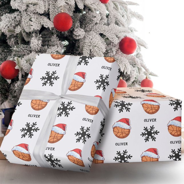 Basketball Ball with red Santa Hat Snowflake Name Wrapping Paper (Creator Uploaded)
