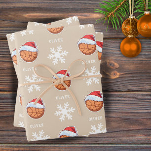 Basketball Ball with Red Santa Hat Snowflake Name Wrapping Paper Sheet