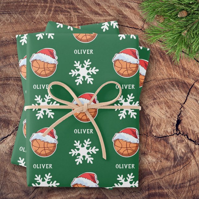 Basketball Ball with Red Santa Hat Snowflake Name Wrapping Paper Sheet (Creator Uploaded)