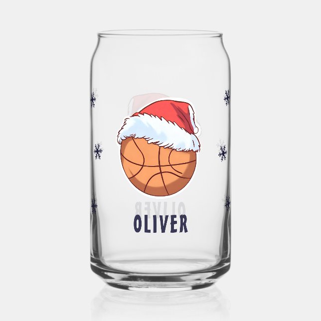 Basketball Ball with Santa Hat Sports Christmas Can Glass (Front)