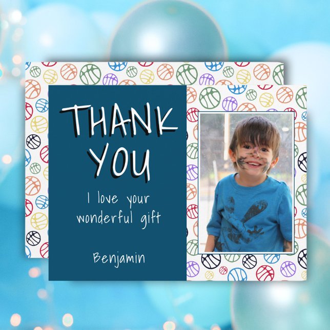 Basketball Balls Blue Boy Photo Thank you Birthday Postcard (Creator Uploaded)