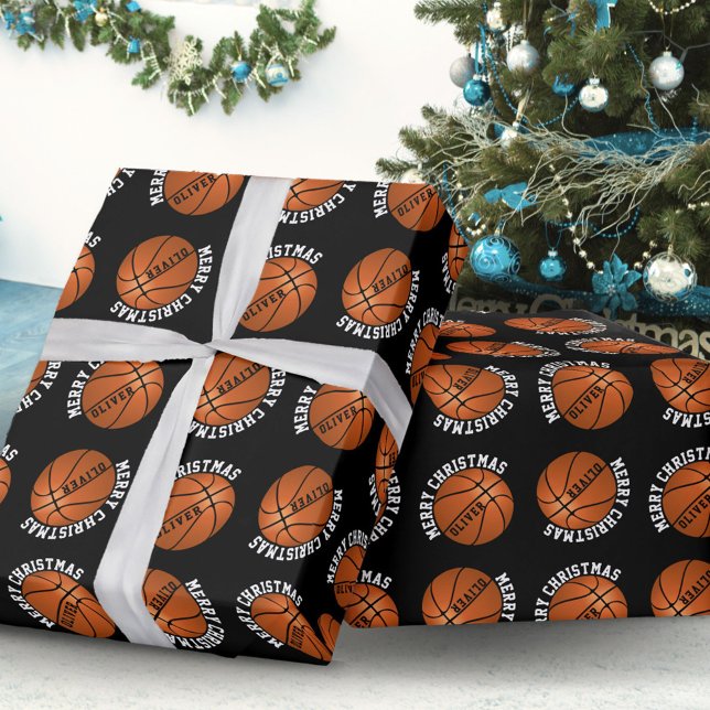 Basketball Balls Kids Name Black Christmas Wrapping Paper (Creator Uploaded)