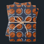 Basketball Balls Kids Name Sports Happy Birthday  Wrapping Paper Sheet<br><div class="desc">Basketball Balls Kids Name Sports Happy Birthday Personalised Wrapping Paper Sheets. Basketball ball pattern with happy birthday text and custom name on a dark blue background. Personalise with your name and age. You can change any text.</div>