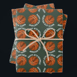 Basketball Balls Kids Name Sports Happy Birthday  Wrapping Paper Sheet<br><div class="desc">Basketball Balls Kids Name Sports Happy Birthday Personalised Wrapping Paper Sheets. Basketball ball pattern with happy birthday text and custom name on a green background. Personalise with your name and age. You can change any text.</div>