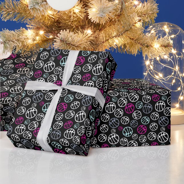 Basketball Balls Sports Black and White Pink Wrapping Paper (Holidays)