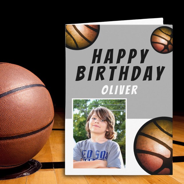 Basketball Balls Sports Kids Happy Birthday Photo Card (Creator Uploaded)