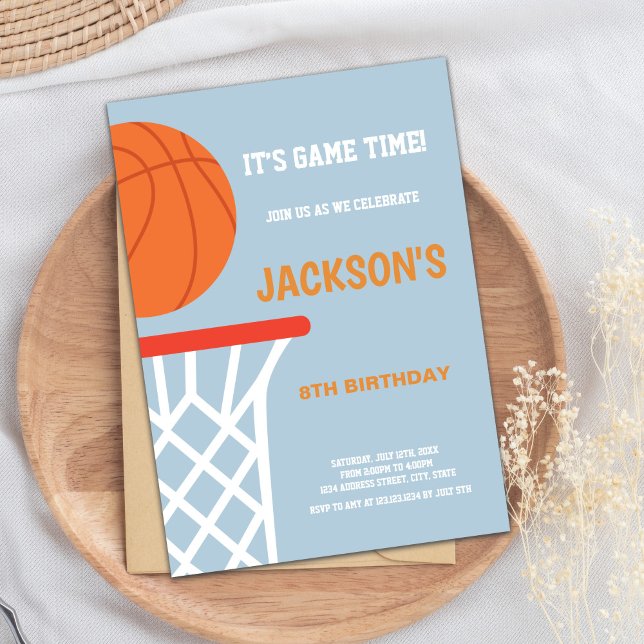 Basketball Birthday Invitation (Blue Gray Background Basketball Invitations)