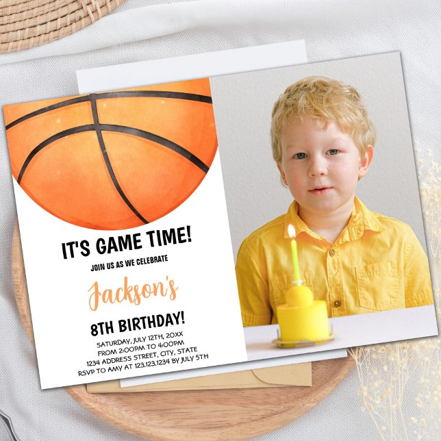 Basketball Birthday Invitation with Photo (Half watercolor Basketball Invitations with photo)