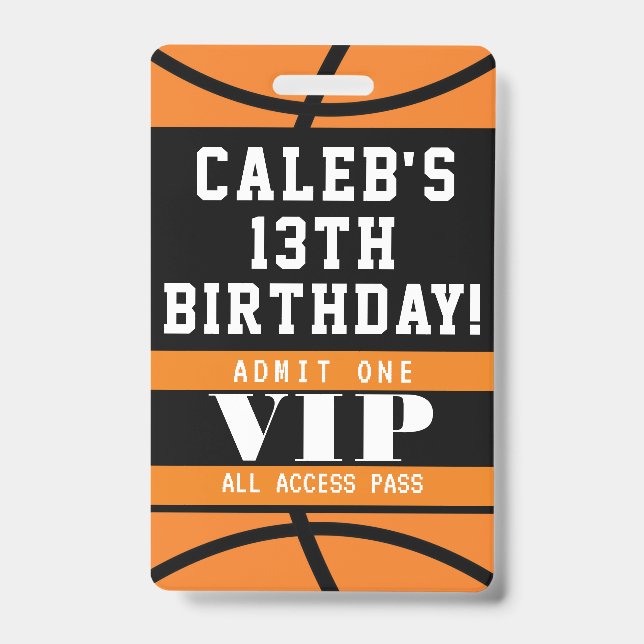 Basketball Birthday Party VIP Pass Badge ID Badge (Front)