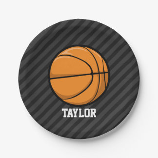 Basketball; Black & Dark Grey Stripes Paper Plate
