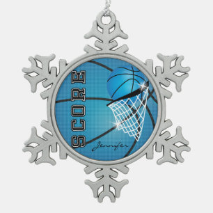 Basketball Blue Personalise Snowflake Pewter Christmas Ornament