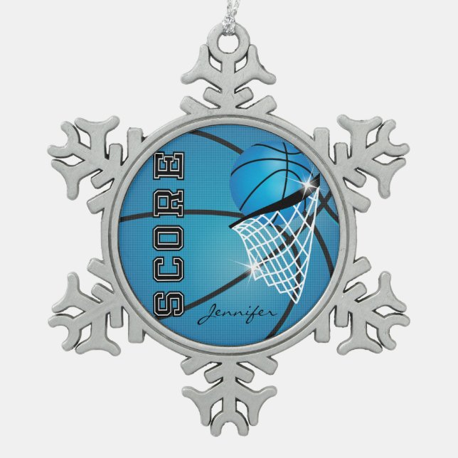 Basketball | Blue | Personalise Snowflake Pewter Christmas Ornament (Front)