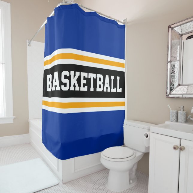 BASKETBALL Bold Blue Black Yellow Racing Stripes Shower Curtain (In Situ)