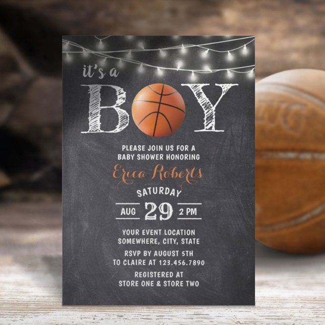 Basketball Boy Rustic Chalkboard Baby Shower Invitation (Creator Uploaded)