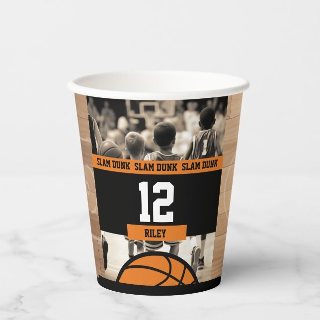 Basketball Boy's Photo Birthday Party Paper Cups (Front)