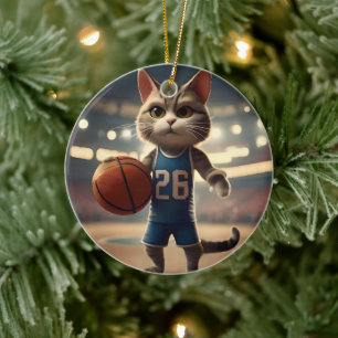 Basketball Cat,  Ceramic Tree Decoration
