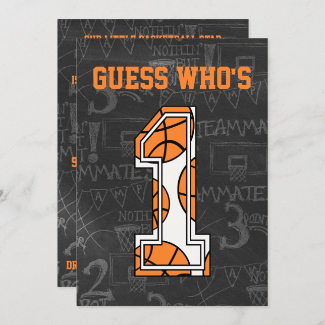 Basketball Chalkboard 1st Birthday Party Invitation (Front/Back)