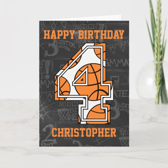 Basketball Chalkboard 4th Birthday Card (Front)