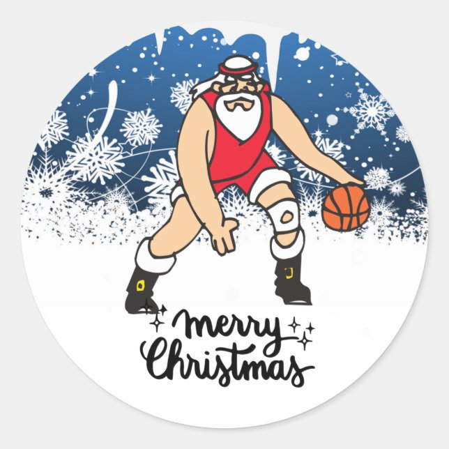Basketball Christmas Holiday card with Santa Claus Classic Round Sticker (Front)