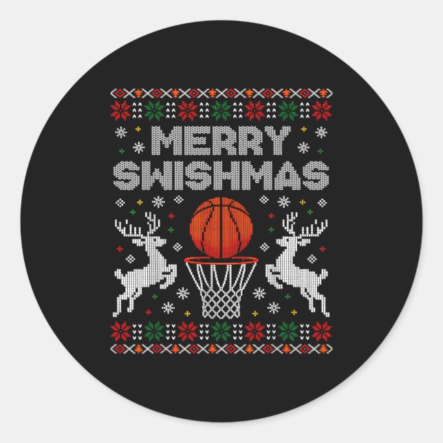 Basketball Christmas Ugly Sweater Merry Swishmas M Classic Round Sticker (Front)