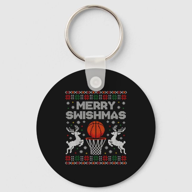 Basketball Christmas Ugly Sweater Merry Swishmas M Key Ring (Front)
