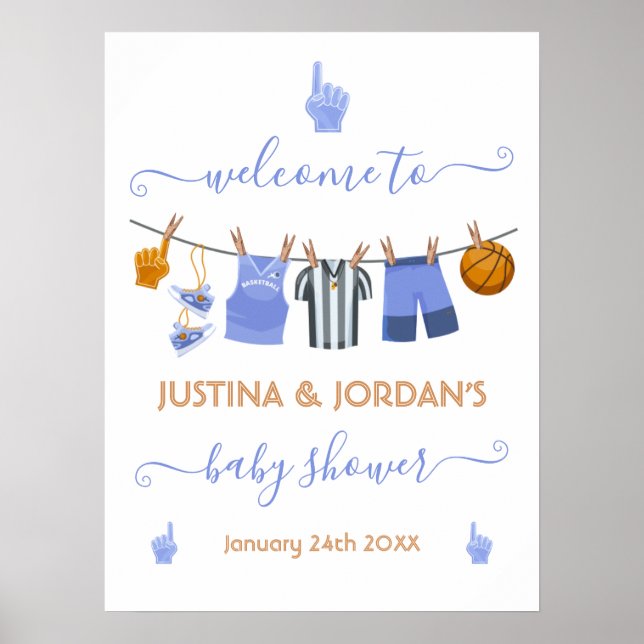 Basketball Clothesline Baby Shower Welcome Sign (Front)