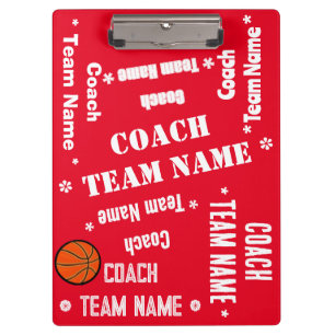 Basketball Coach Team Red and White Personalised Clipboard