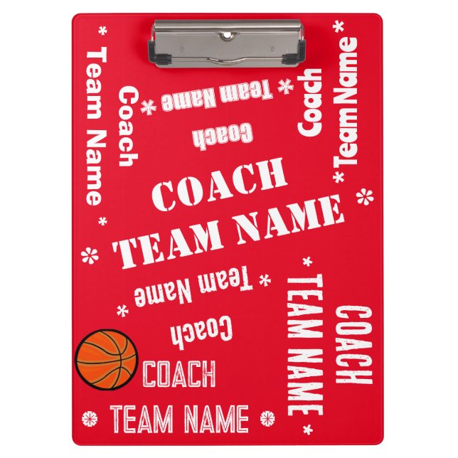 Basketball Coach Team Red and White Personalised Clipboard (Front)