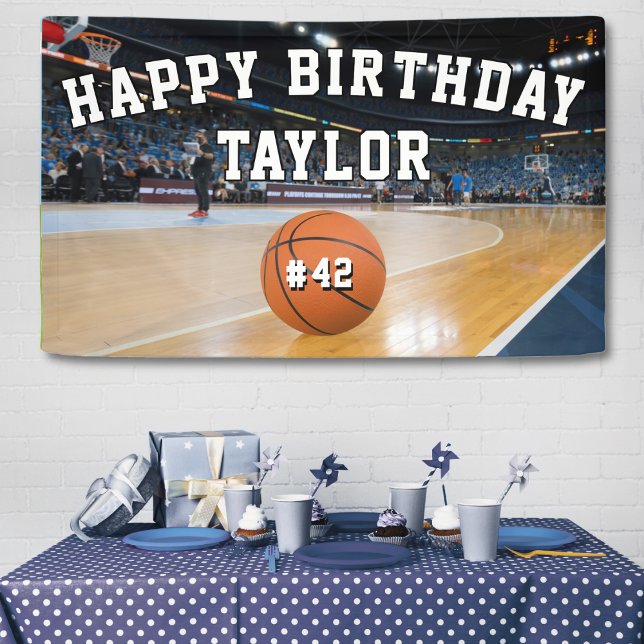Basketball Court Team Number Sports Happy Birthday Banner (basketball court sports happy birthday party banner)